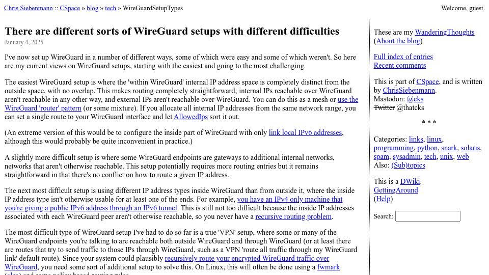 Screenshot of utcc.utoronto.ca: There are different sorts of WireGuard setups with different difficulties