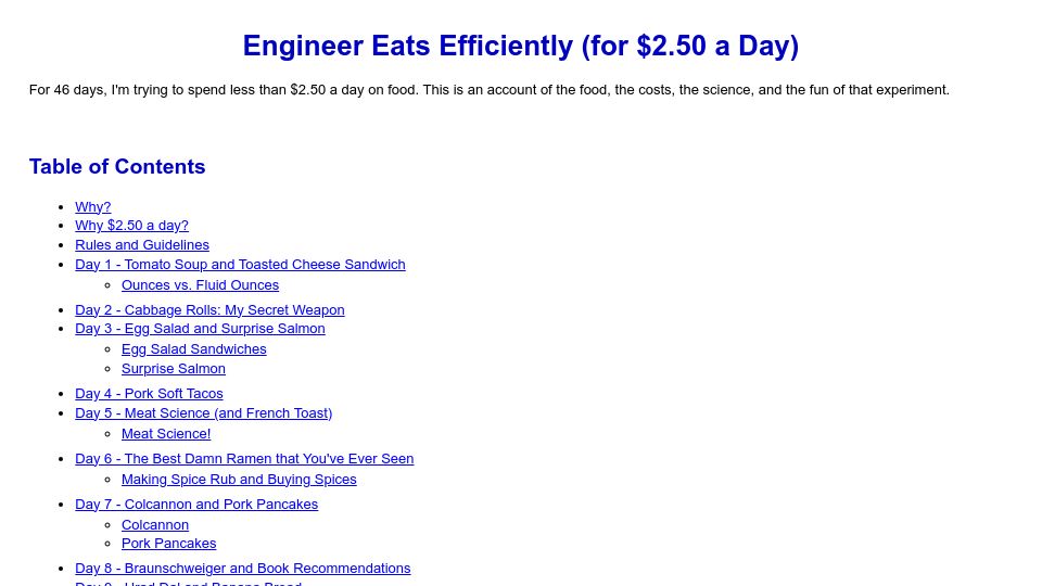 Screenshot of futureboy.us: Engineer eats efficiently for $2.50 a day (2016)