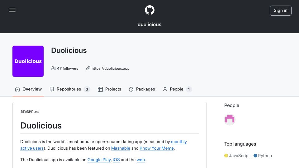Screenshot of github.com: Duolicious – Open-source dating app