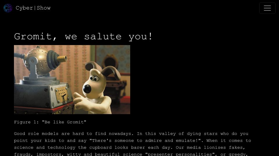 Screenshot of cybershow.uk: Hacker of the year nominee: Gromit the Dog