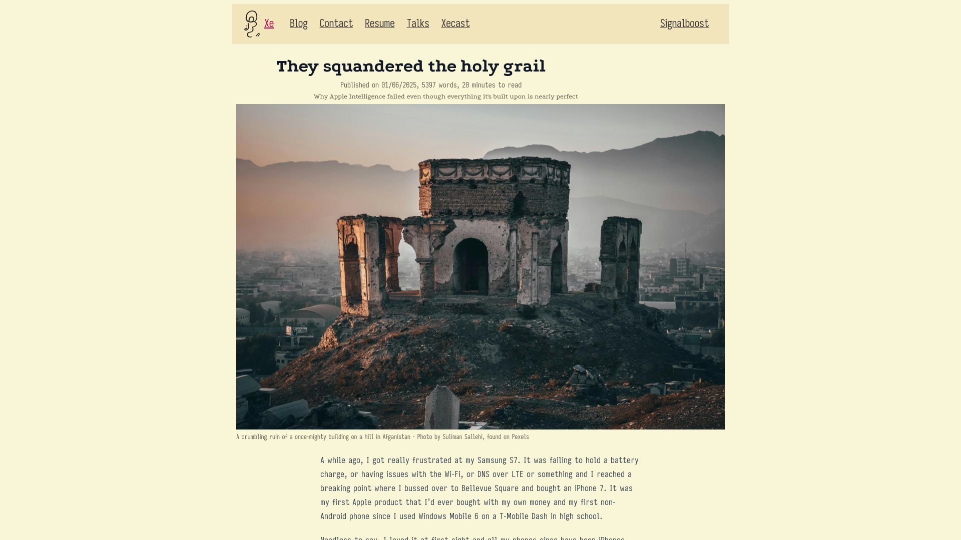 Screenshot of xeiaso.net: Apple squandered the Holy Grail