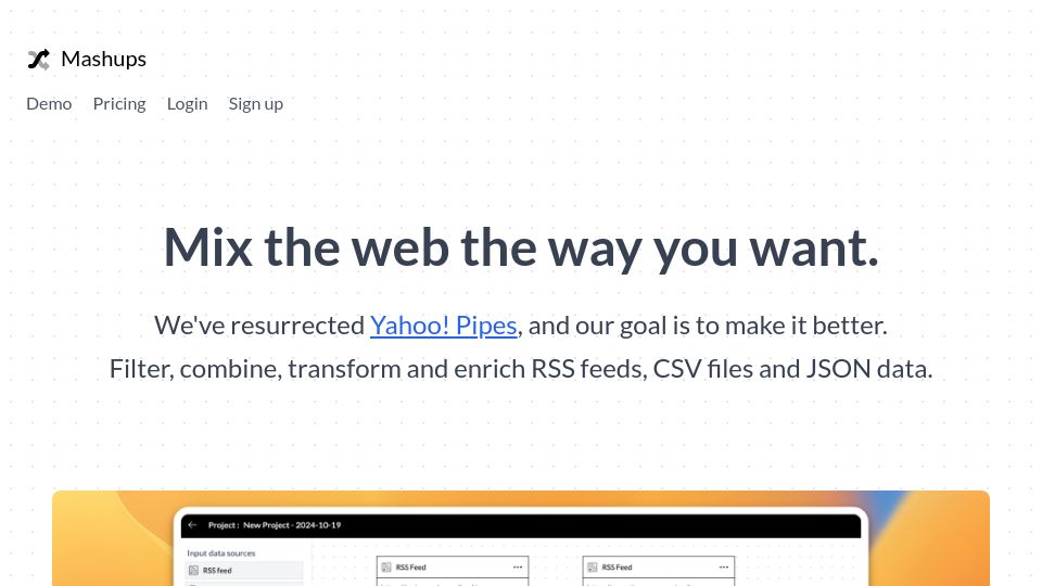 Screenshot of mashups.io: Show HN: Mashups – Resurrecting Yahoo Pipes, my side project