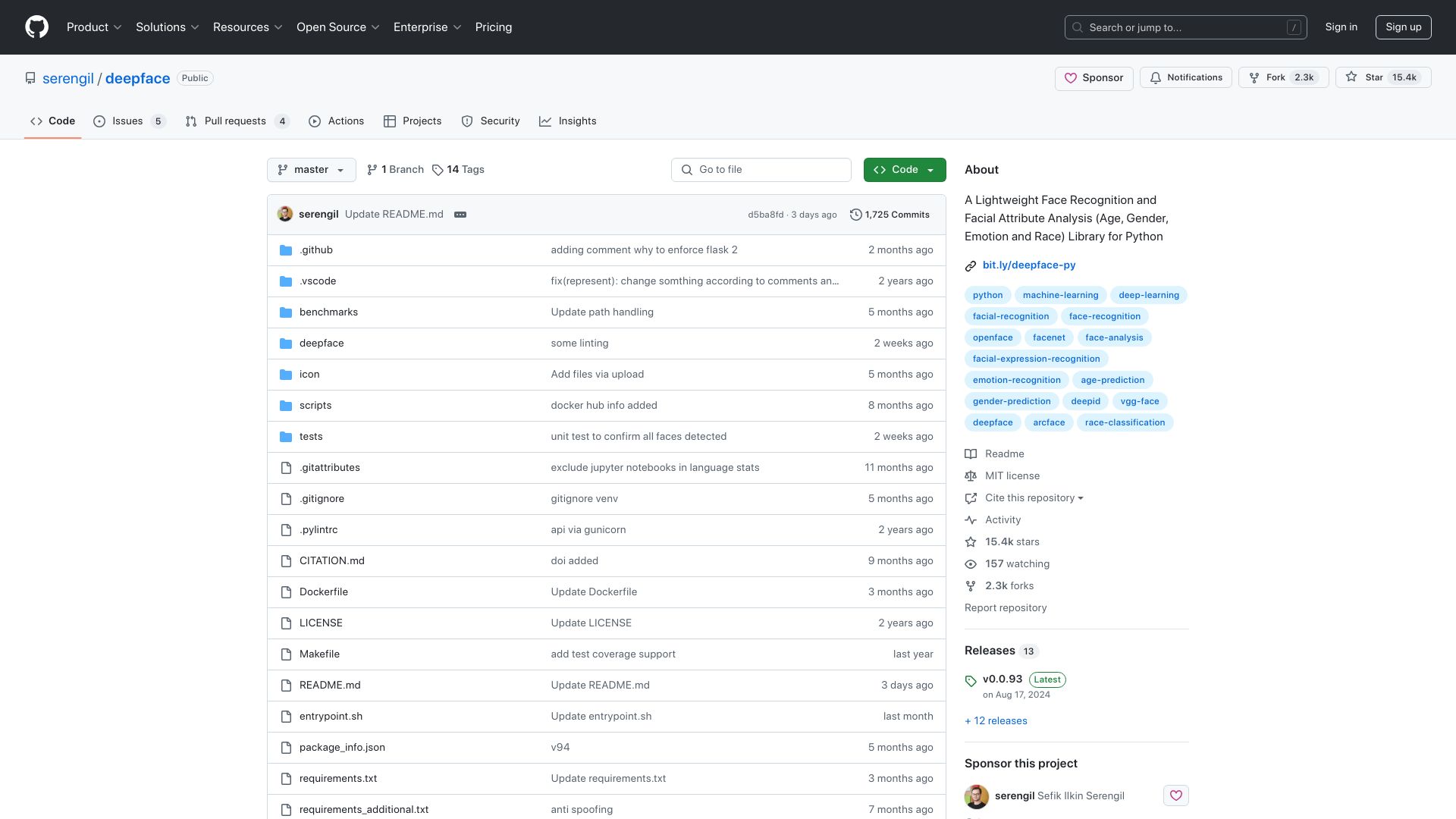 Screenshot of github.com: DeepFace: A lightweight deep face recognition library for Python