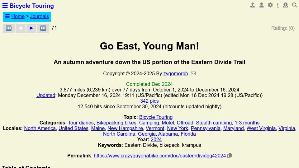 Screenshot of crazyguyonabike.com: An autumn bike adventure down the US portion of the Eastern Divide Trail