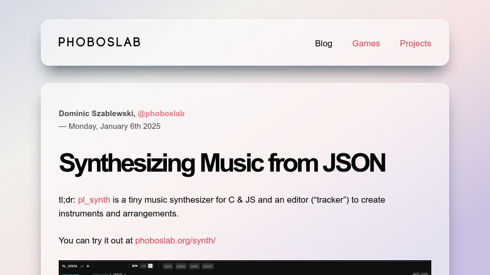 Screenshot of phoboslab.org: Synthesizing Music from JSON