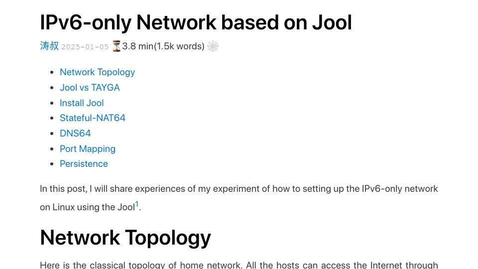 Screenshot of taoshu.in: IPv6-only Network based on Jool