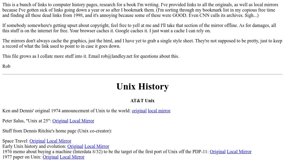 Screenshot of landley.net: Computer History Resources