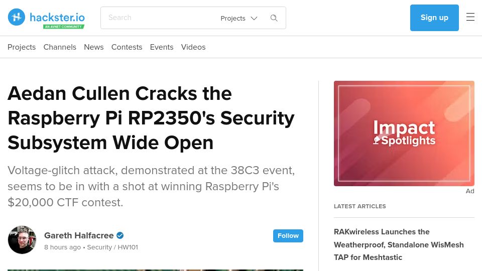 Screenshot of hackster.io: Aedan Cullen Cracks the Raspberry Pi RP2350's Security Subsystem Wide Open