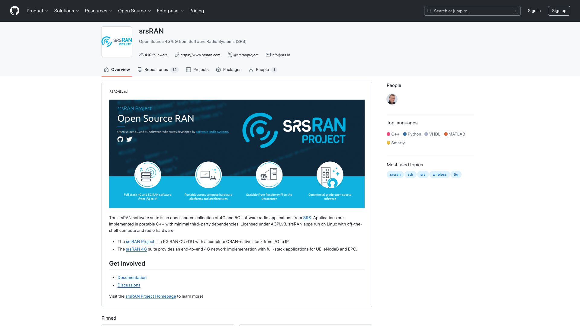 Screenshot of github.com: SrsRAN: Open-Source 4G/5G