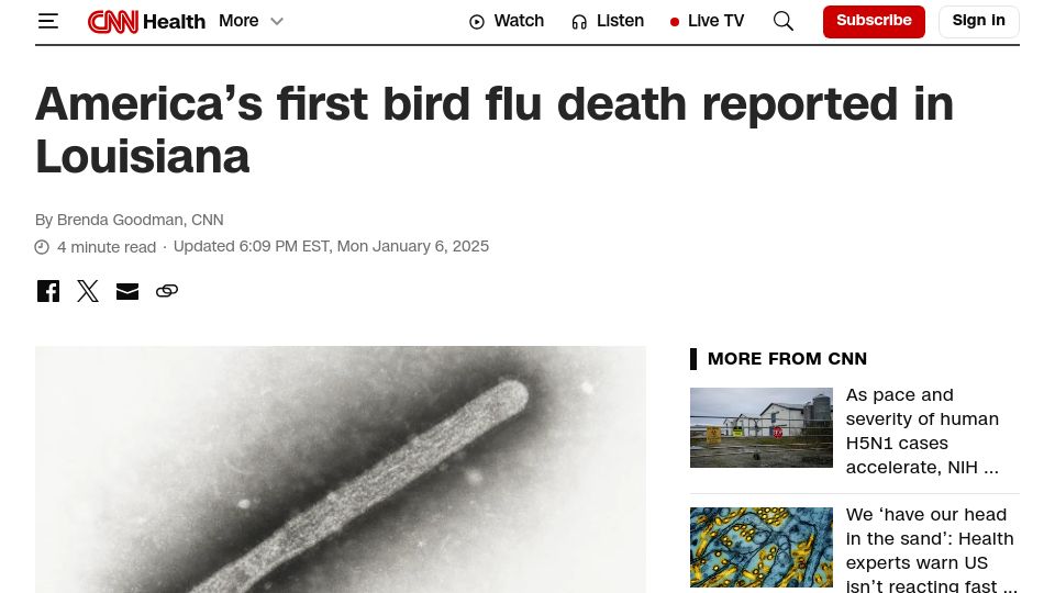Screenshot of cnn.com: America's first bird flu death reported in Louisiana