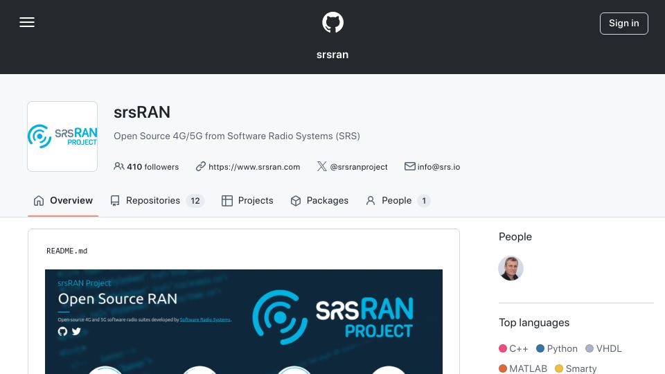 Screenshot of github.com: SrsRAN: Open-Source 4G/5G