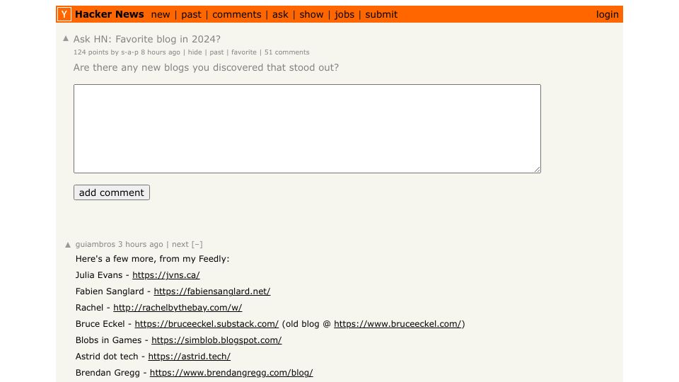 Screenshot of Hacker News post: Ask HN: Favorite blog in 2024?