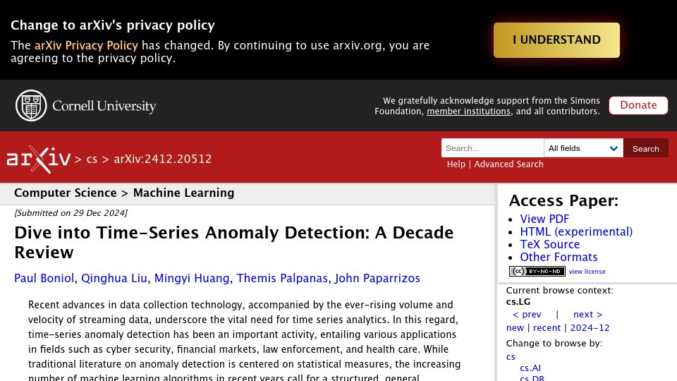 Screenshot of arxiv.org: Time-Series Anomaly Detection: A Decade Review