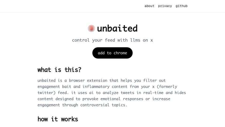 Screenshot of unbaited.danielpetho.com: Show HN: Filter out engagement bait and politics on your X/Twitter feed