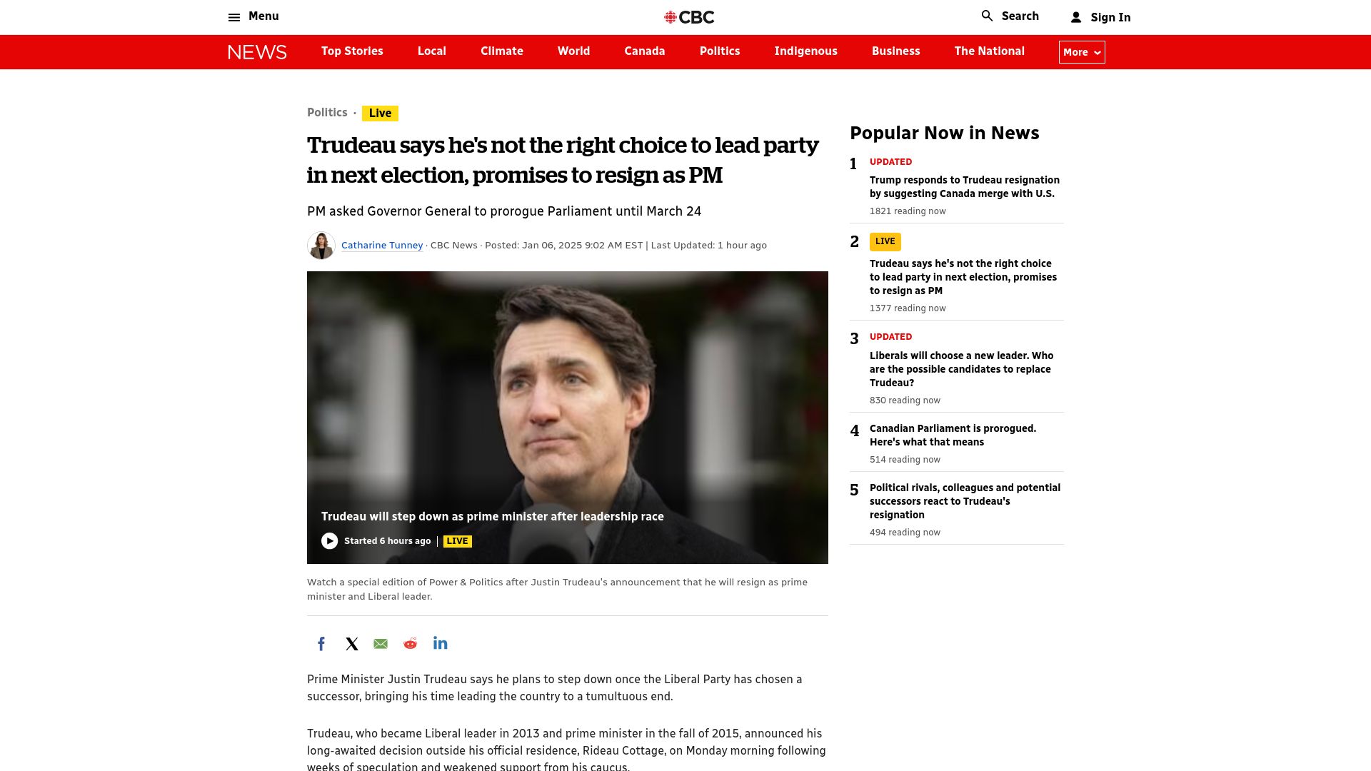 Screenshot of cbc.ca: Justin Trudeau promises to resign as PM