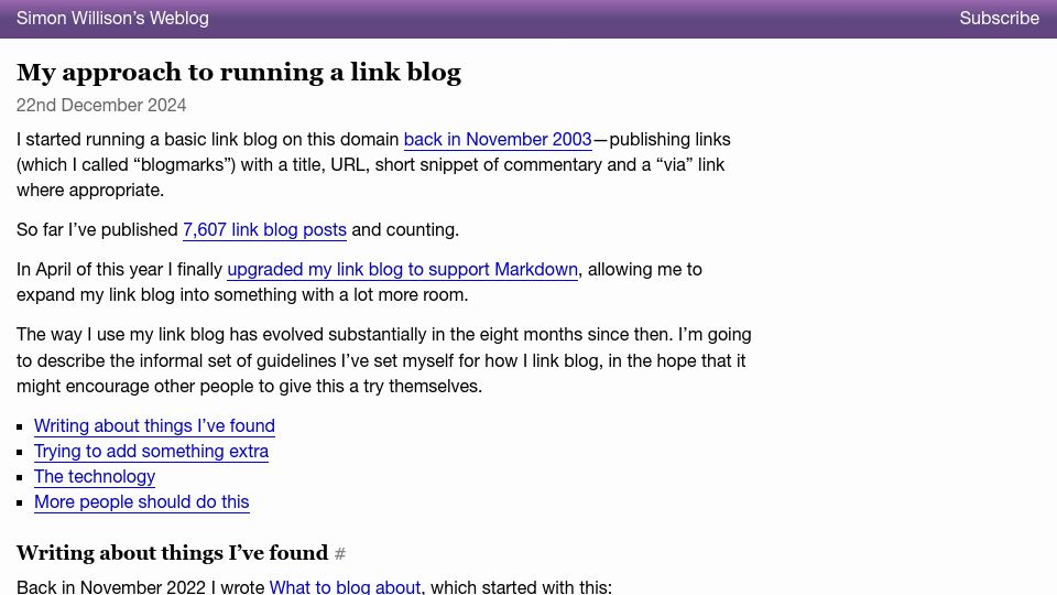Screenshot of simonwillison.net: My approach to running a link blog