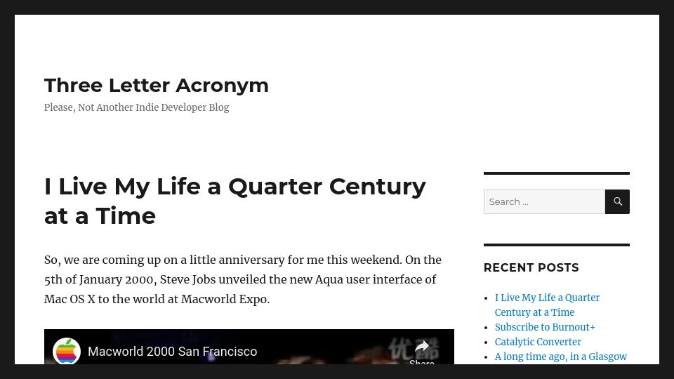 Screenshot of tla.systems: I live my life a quarter century at a time