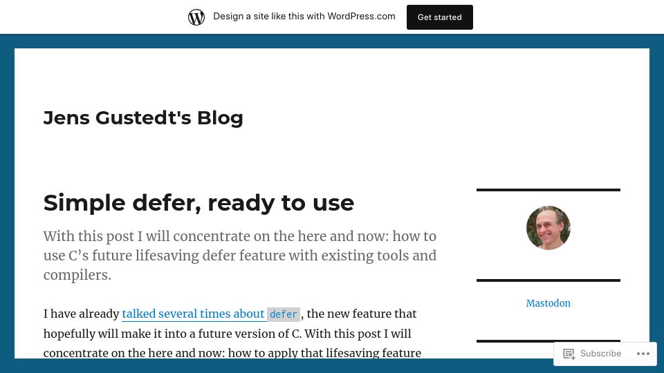 Screenshot of gustedt.wordpress.com: C: Simple Defer, Ready to Use
