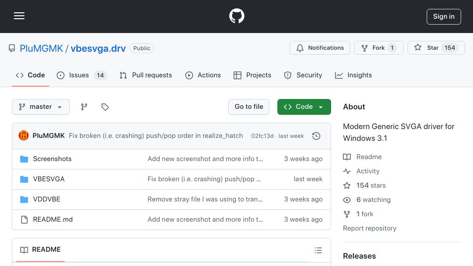Screenshot of github.com: Modern Generic SVGA driver for Windows 3.1
