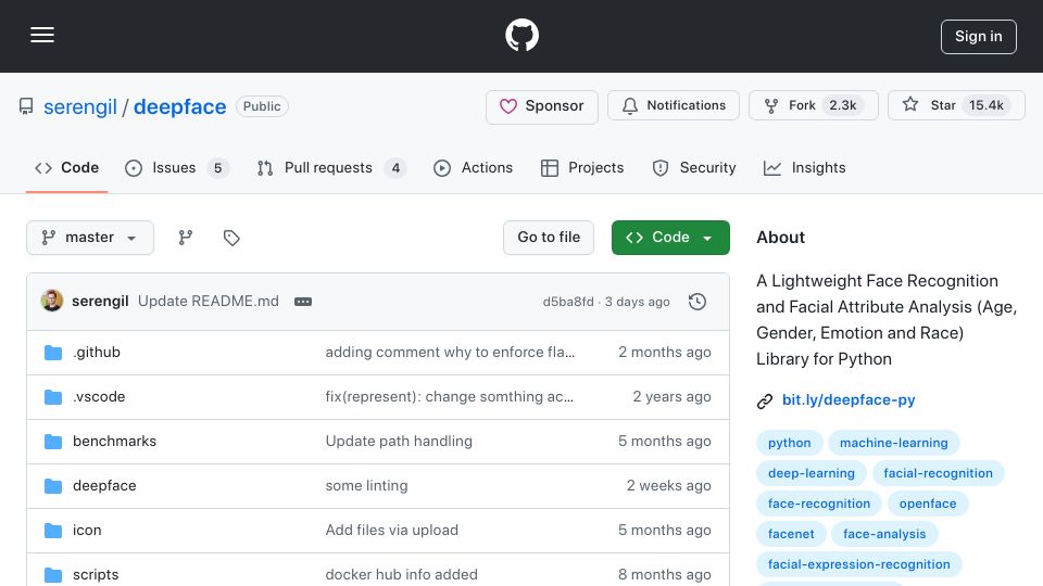 Screenshot of github.com: DeepFace: A lightweight deep face recognition library for Python