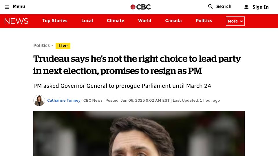 Screenshot of cbc.ca: Justin Trudeau promises to resign as PM