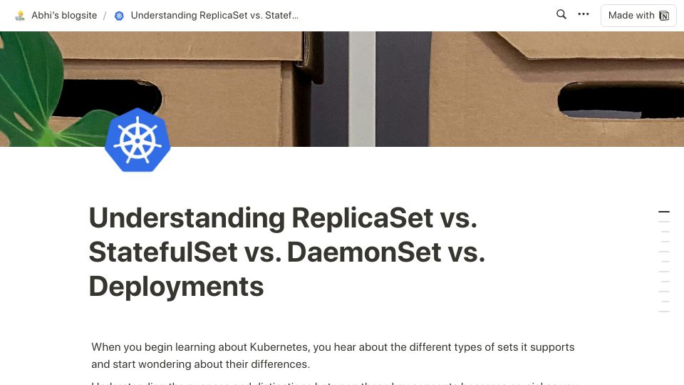 Screenshot of abhisman.notion.site: Understanding ReplicaSet vs. StatefulSet vs. DaemonSet vs. Deployments