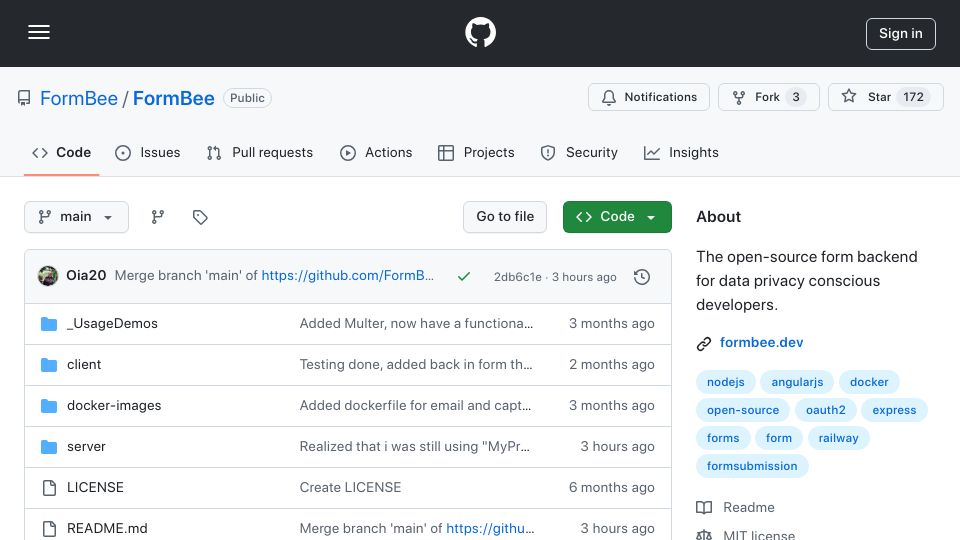 Screenshot of github.com: Self-Hostable Form Back End – OSS Alternative to Formspree