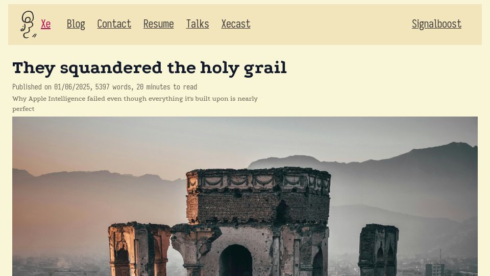 Screenshot of xeiaso.net: Apple squandered the Holy Grail