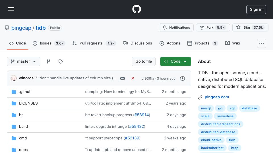 Screenshot of github.com: TiDB – cloud-native, distributed SQL database written in Go