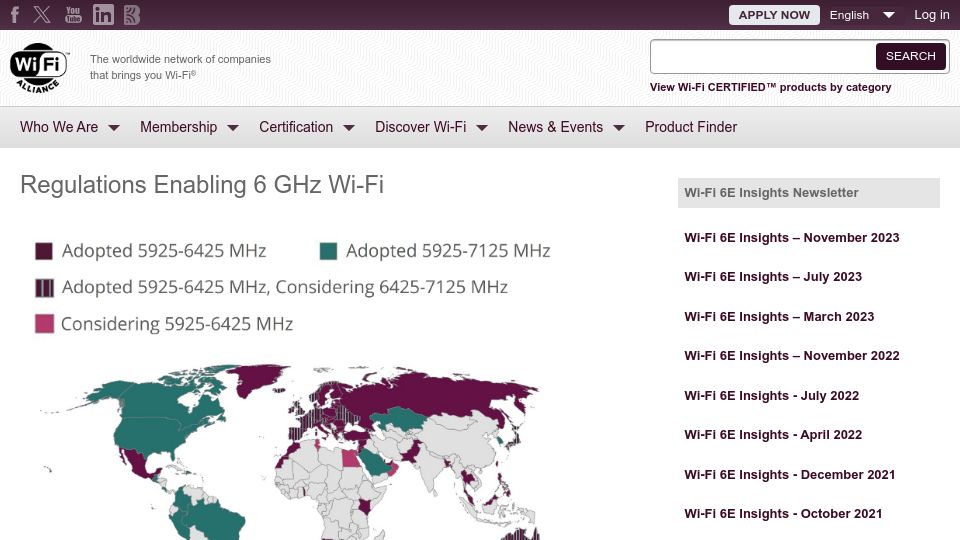Screenshot of wi-fi.org: Regulations Enabling 6 GHz Wi-Fi