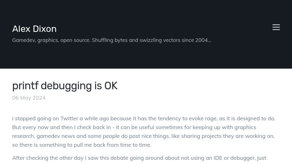 Screenshot of polymonster.co.uk: Printf debugging is ok