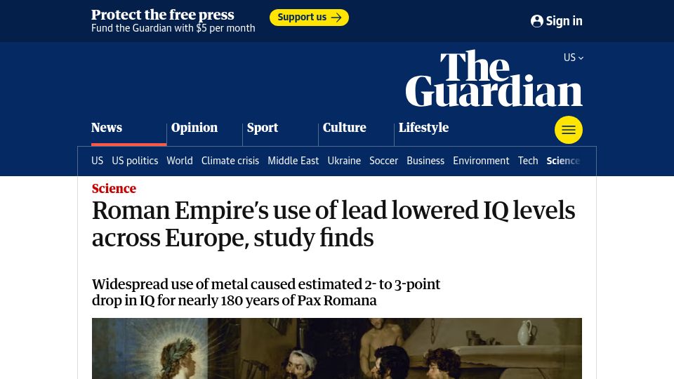 Screenshot of theguardian.com: Roman Empire's use of lead lowered IQ levels across Europe, study finds