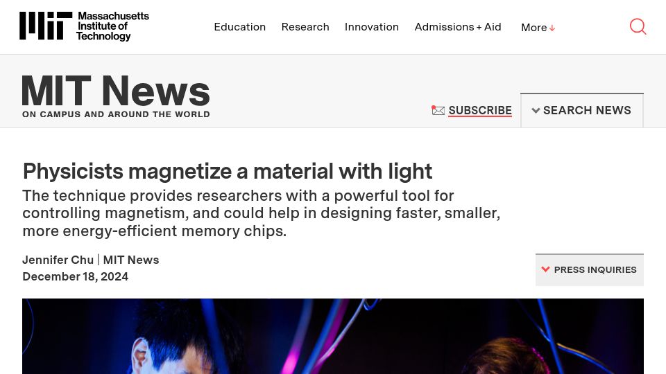 Screenshot of news.mit.edu: Physicists Magnetize a Material with Light