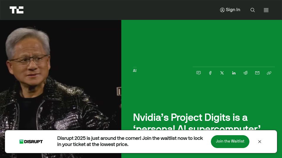 Screenshot of techcrunch.com: Nvidia's Project Digits is a 'personal AI supercomputer'