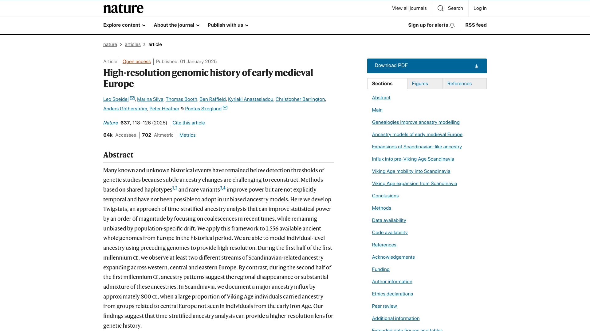 Screenshot of nature.com: High-resolution genomic history of early medieval Europe