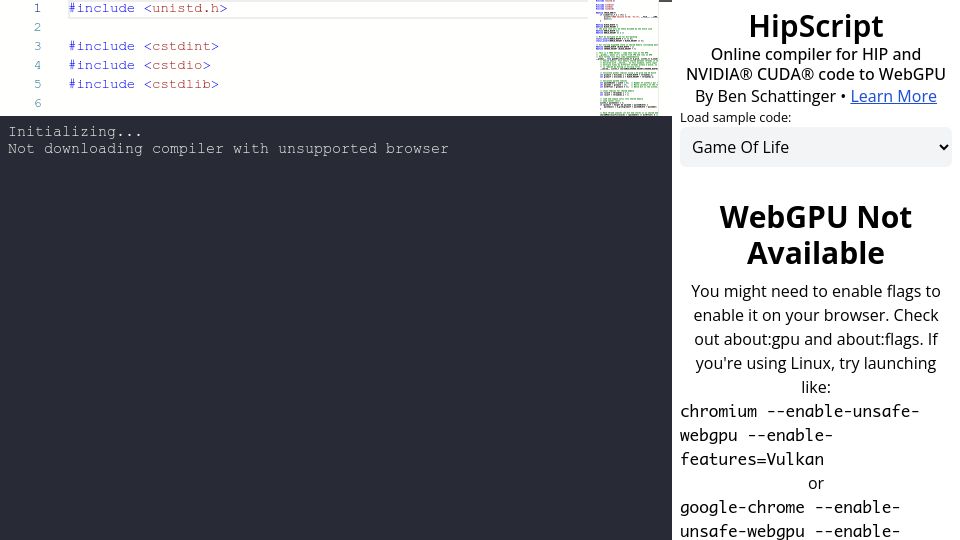 Screenshot of hipscript.lights0123.com: Show HN: HipScript – Run CUDA in the browser with WebAssembly and WebGPU