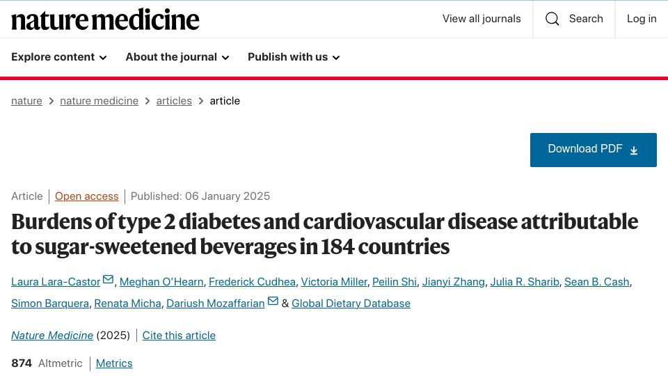 Screenshot of nature.com: Type 2 Diabetes and cardiovascular disease attributable to sugar beverages