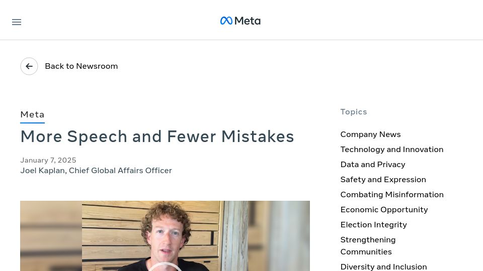 Screenshot of about.fb.com: Ending our third party fact-checking program and moving to Community Notes model