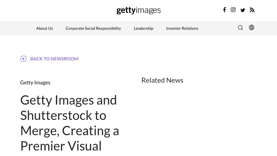 Screenshot of newsroom.gettyimages.com: Getty Images and Shutterstock to Merge