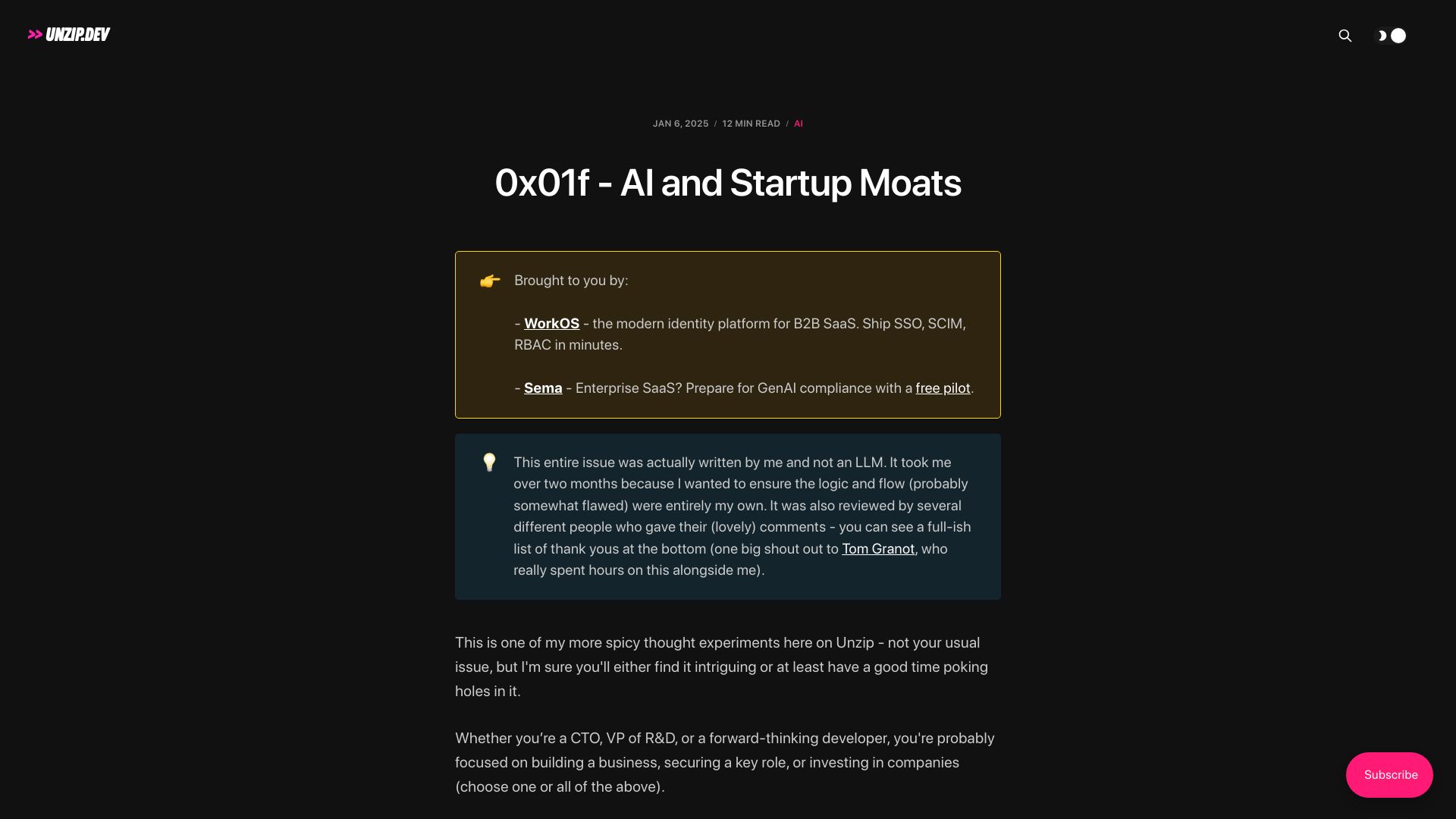 Screenshot of unzip.dev: AI and Startup Moats