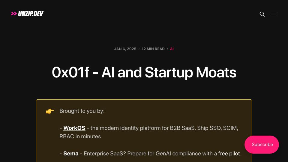 Screenshot of unzip.dev: AI and Startup Moats