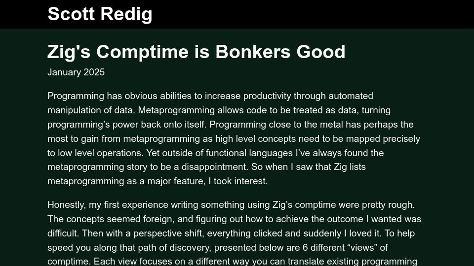 Screenshot of scottredig.com: Zig's comptime is bonkers good