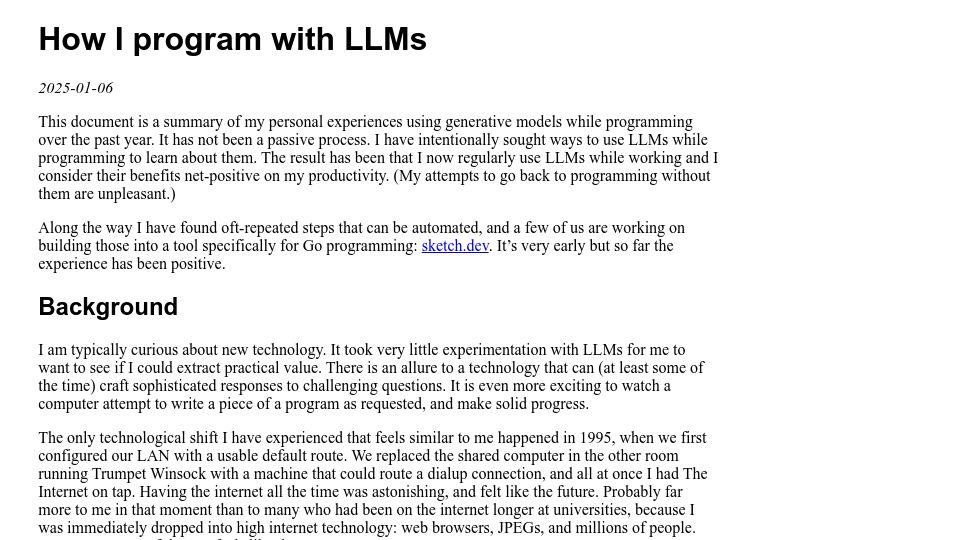 Screenshot of crawshaw.io: How I program with LLMs