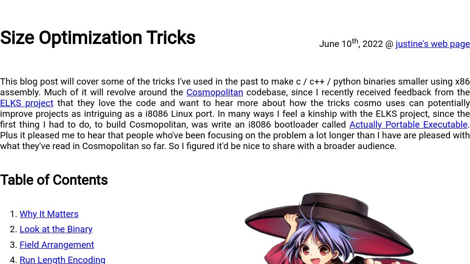 Screenshot of justine.lol: Size Optimization Tricks (2022)