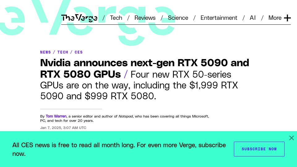 Screenshot of theverge.com: Nvidia announces next-gen RTX 5090 and RTX 5080 GPUs