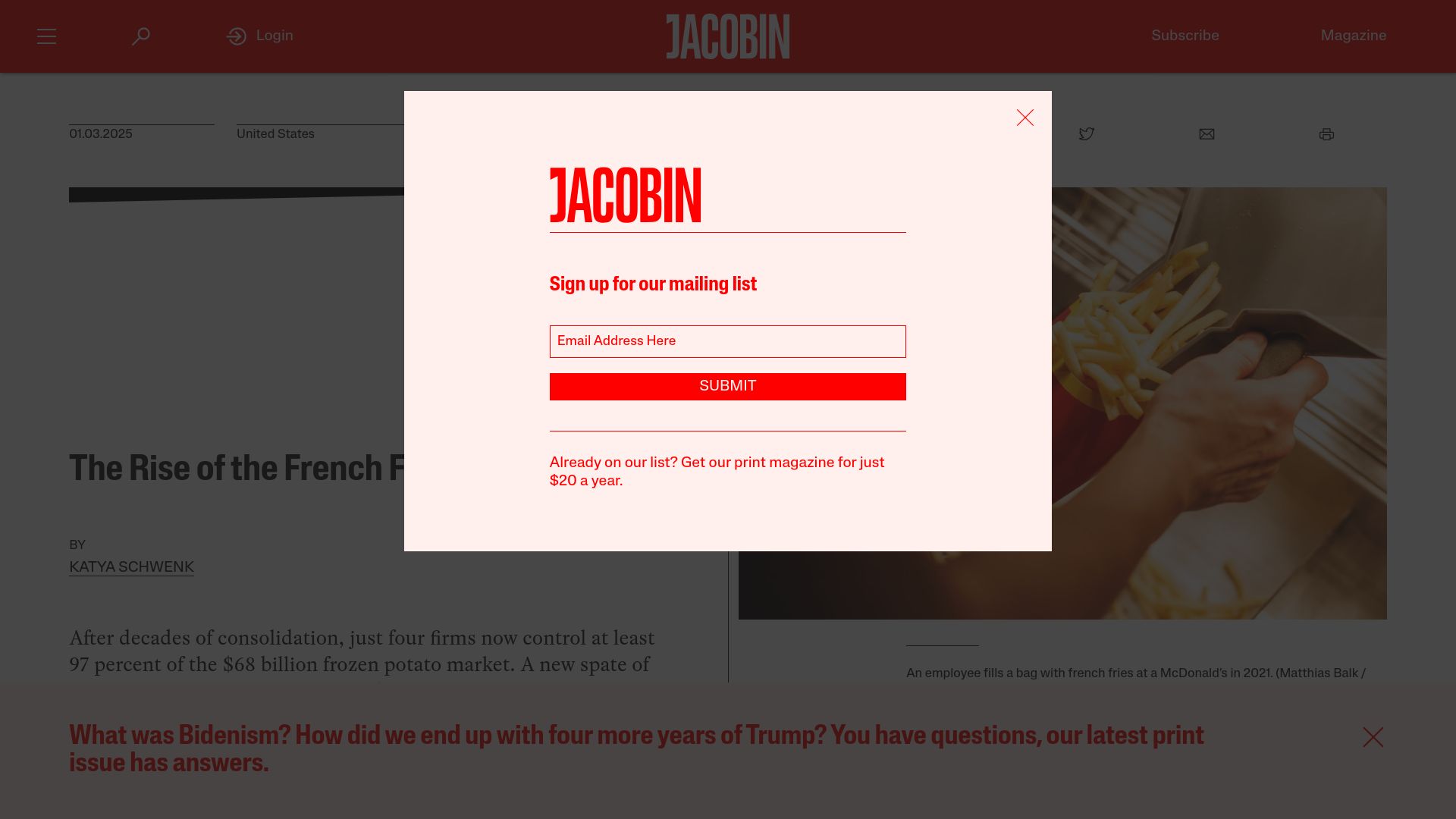 Screenshot of jacobin.com: The Rise of the French Fry Cartel