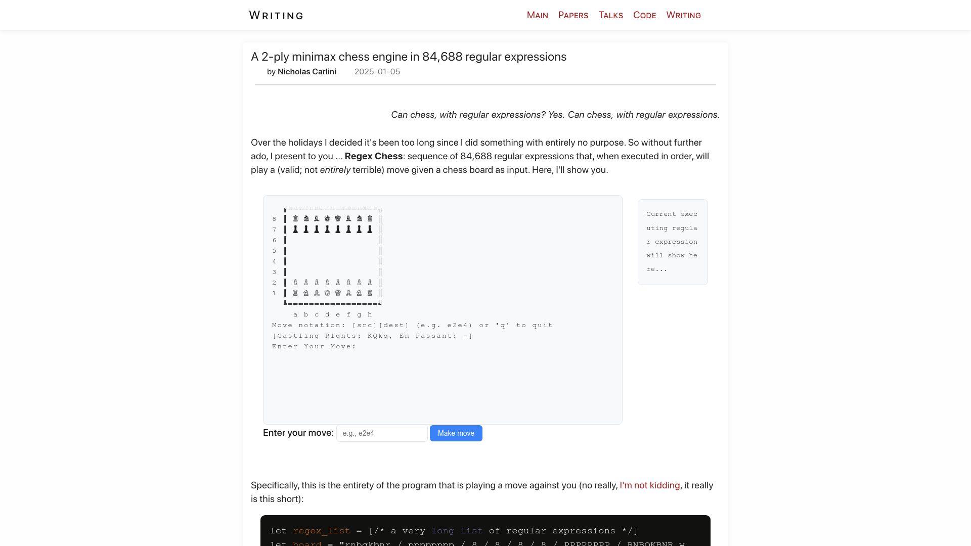 Screenshot of nicholas.carlini.com: A minimax chess engine in regular expressions