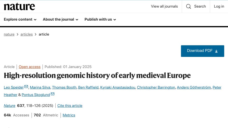 Screenshot of nature.com: High-resolution genomic history of early medieval Europe