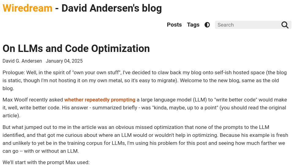 Screenshot of wiredream.com: LLMs and Code Optimization