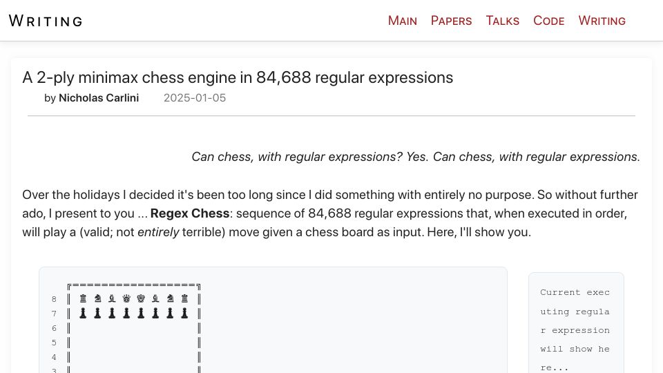Screenshot of nicholas.carlini.com: A minimax chess engine in regular expressions